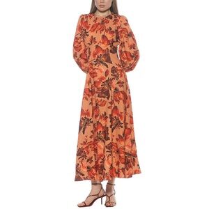 Alexia Admor Yesenia Fit and Flare Long Sleeve Orange Floral Maxi Dress